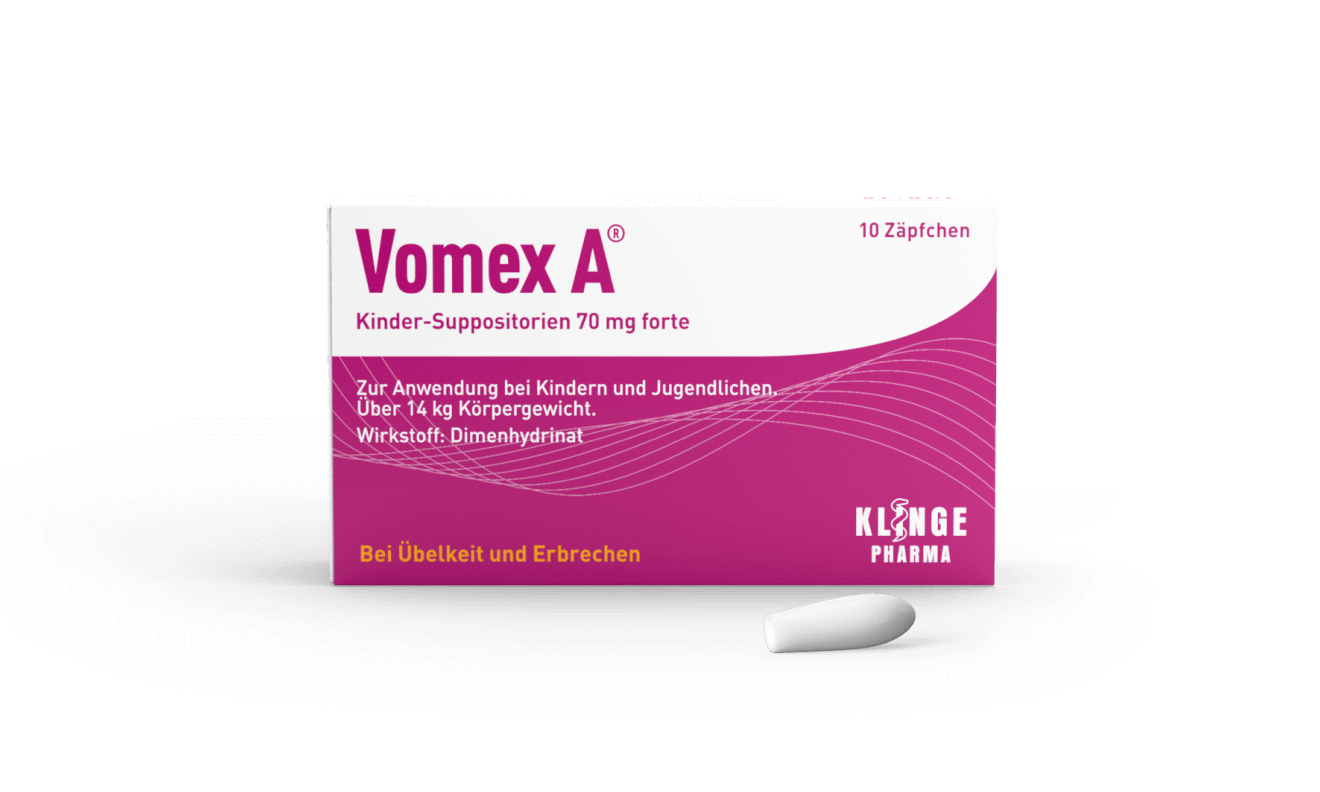 Packung von Vomex A Kinder-Suppositorien 70 mg zur Behandlung von Übelkeit und Erbrechen bei Kindern und Jugendlichen.